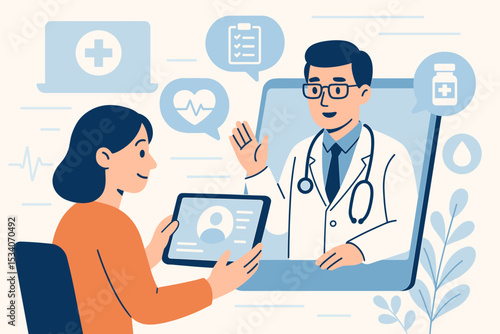 Telemedicine concept. Online doctor consultation. Virtual healthcare. Patient has video call with physician on laptop. Telehealth medical support. Remote diagnosis. E-health technology.