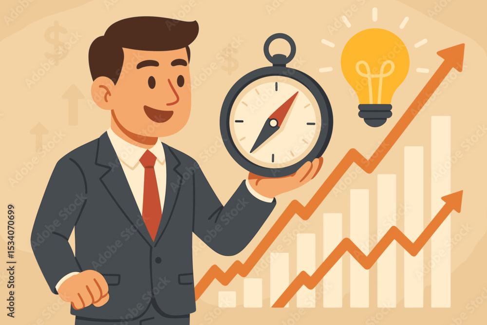 Obraz premium Businessman with compass for navigation and strategy. Concept of business direction, investment growth, and financial success. Man with idea lightbulb and profit chart. Vector.