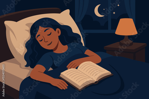 Woman fell asleep while reading a book in bed at night. Tired person sleeping peacefully in cozy bedroom. Bedtime routine, relaxation and rest concept. Literature lover lifestyle.