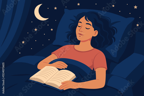 Young woman fallen asleep while reading a book in bed. Night time scene with moon and stars. Concept of education, studying, relaxation, exhaustion, hobby and peaceful dreams.