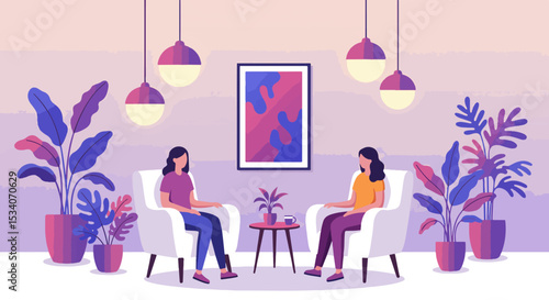 Two women in purple, blue, and orange clothing sitting on white armchairs in a cozy indoor setting with plants and pendant lamps