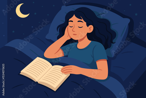 Tired woman fell asleep while reading a book in bed at night. Girl resting in bedroom with open book. Concept of relaxation, lifestyle, bedtime, study fatigue, and dreaming.