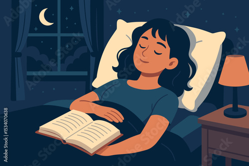 Tired woman fell asleep while reading a book in her cozy bed at night. Peaceful bedtime concept. Female character resting comfortably. Serene dreams and relaxation vector illustration.