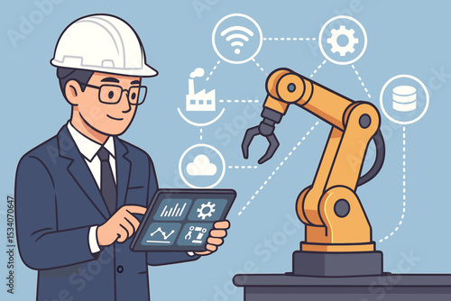 Engineer with tablet controls industrial robotic arm. Smart factory, automation, and Industry 4.0 concept. IoT, cloud computing, and AI in modern manufacturing technology.
