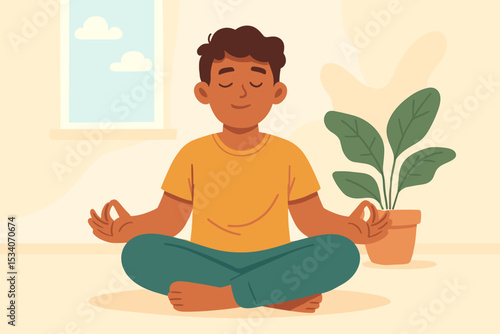 Peaceful young man meditating in lotus pose at home. Mindfulness and relaxation vector concept. Healthy lifestyle, yoga practice for inner peace, balance, and stress relief.