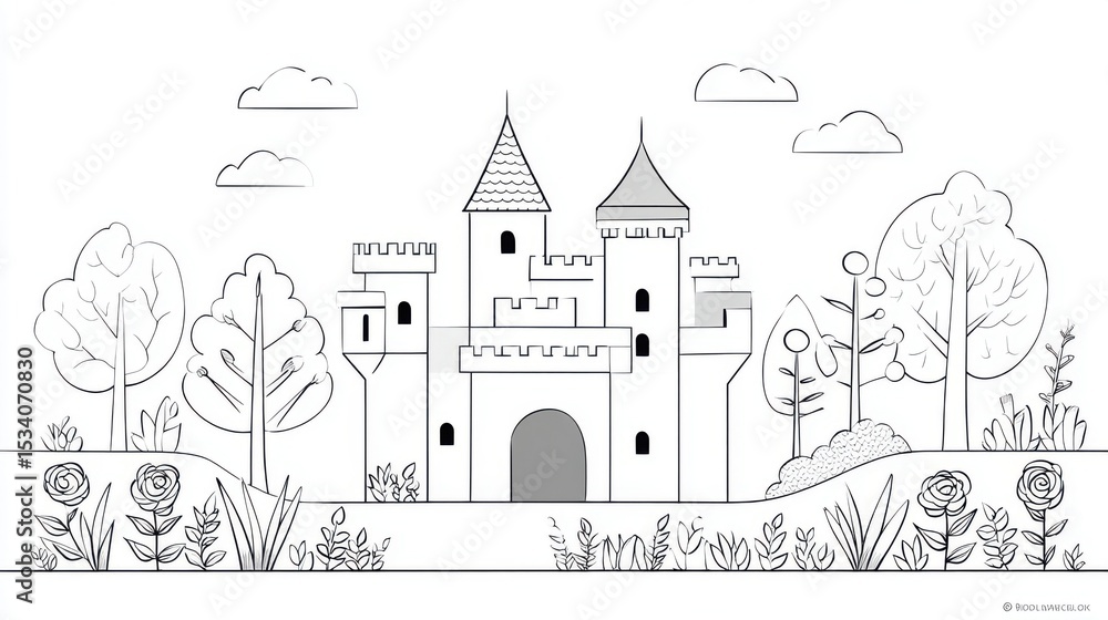 Naklejka premium Adult Coloring Page: Detailed Line Art of Castle with Rose Garden | Thick Outline, Sticker Art Style, White Background