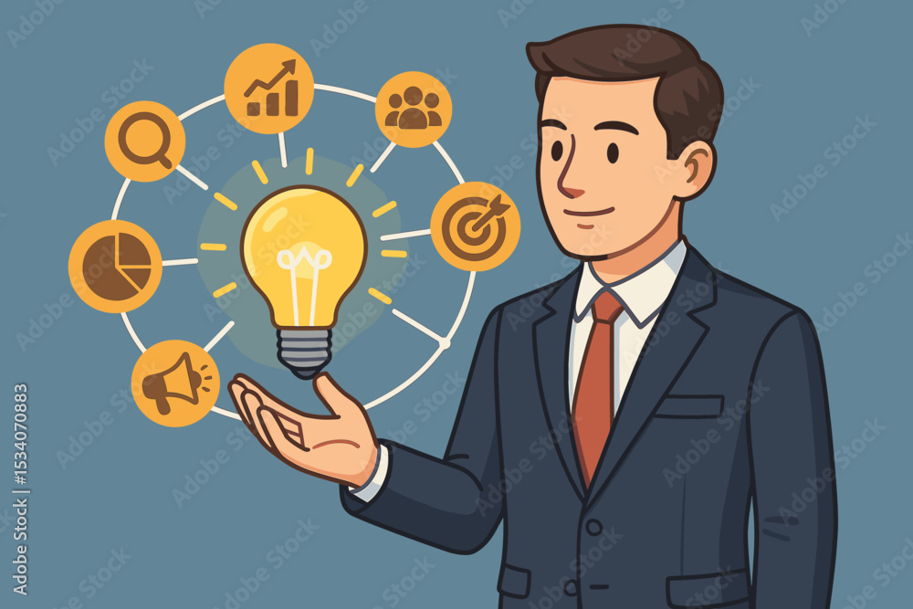 Business strategy concept with businessman holding a light bulb idea. Infographic with icons for marketing, analytics, research, teamwork, growth, and goals. Corporate innovation. Business strategy concept with businessman holding a light bulb idea. Infographic with icons for marketing, analytics, research, teamwork, growth, and goals. Corporate innovation.