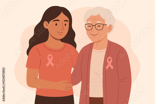 Breast cancer awareness concept. Young woman supports senior mother wearing pink ribbon. Family solidarity for women's health campaign. Hope, care, and medical support illustration.