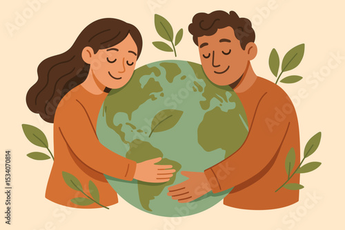 Earth Day concept with a man and woman hugging the planet. Love and care for the world. Vector illustration for ecology, environmental protection, conservation, and sustainability.
