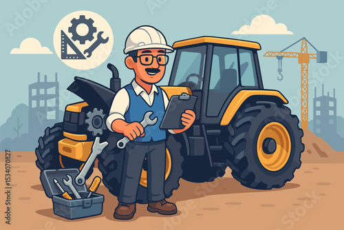 Tractor maintenance and repair service concept. Engineer or mechanic with clipboard and wrench inspecting heavy equipment at a construction site. Vector cartoon illustration.