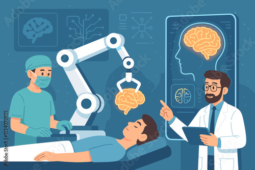 Futuristic brain surgery concept. Doctor and surgeon using robotic arm and AI for neurological examination. Medical team analyzing patient's brain scan on holographic display.