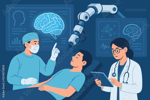 Futuristic brain surgery concept. Doctors team using robotic arm and AI for neurological examination. Medical technology innovation with patient and holographic brain scan analysis. Vector.