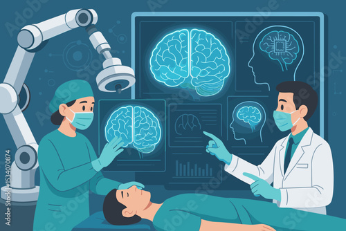 Futuristic neurosurgery concept with AI and robotics. Doctors examine brain scan on screen. Medical technology for neurology, brain chip implant and patient diagnosis illustration.