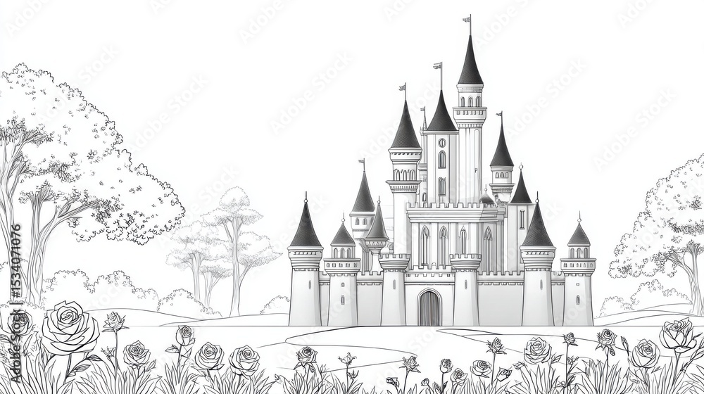 Fototapeta premium Adult Coloring Page: Detailed Line Art of Castle with Rose Garden | Thick Outline, Sticker Art Style, White Background