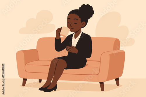 African American businesswoman enjoying a calm coffee break on a sofa. Professional female employee relaxing with a mug and smartphone. Vector illustration of work-life balance.