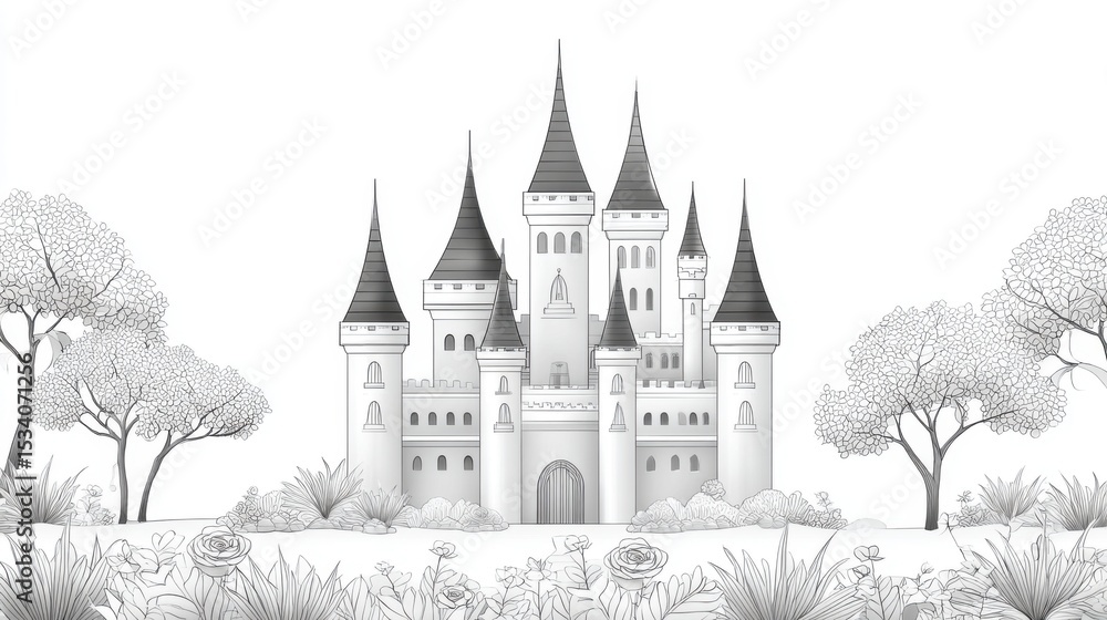 Obraz premium Adult Coloring Page: Detailed Line Art of Castle with Rose Garden | Thick Outline, Sticker Art Style, White Background