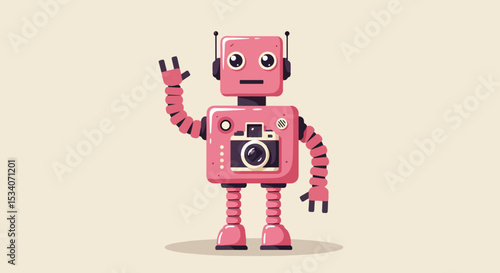 Pink cartoon robot with camera waving at viewer on beige background