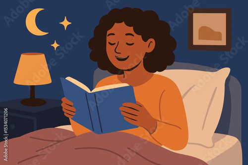 Woman reading book in bed at night. Peaceful bedtime routine for relaxation and self-care. Cozy evening hobby for mental wellbeing. Calm female character enjoying story.