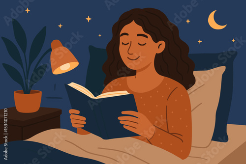 Relaxed woman reading book in bed at night. Cozy bedtime routine for relaxation and mental wellbeing. Self care concept, hobby, hygge lifestyle. Peaceful character enjoying literature.