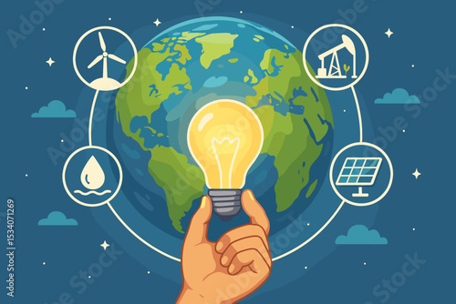 Energy sources vector illustration. Hand holding lightbulb before planet Earth. Icons for renewable energy like solar, wind, hydro and non-renewable fossil fuels. Sustainability.