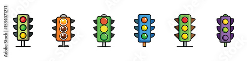 Traffic Lights Icon Symbolizing Road Signals and Urban Control, Traffic lights icon in vector format, illustrating a red-yellow-green signal for traffic control, road safety