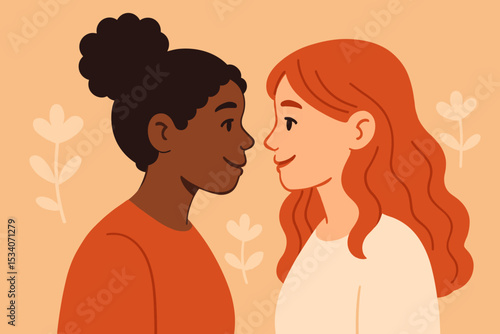 Sisterhood and unity concept with two diverse women friends. Multicultural friendship of a Black woman and a redhead woman smiling. Female support, love, and connection. Vector.