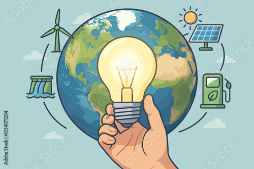 Renewable energy concept. Hand holding idea lightbulb in front of planet Earth. Green power icons: solar panel, wind turbine, hydro dam, biofuel. Sustainability and clean technology.