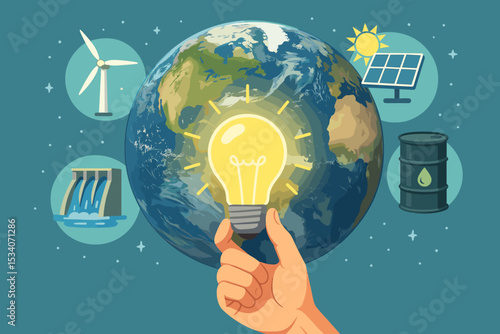 Renewable energy sources concept. Hand holds a glowing light bulb as a sustainable idea for planet Earth. Comparing green power like wind turbine, solar panel, hydro dam to fossil fuel oil.