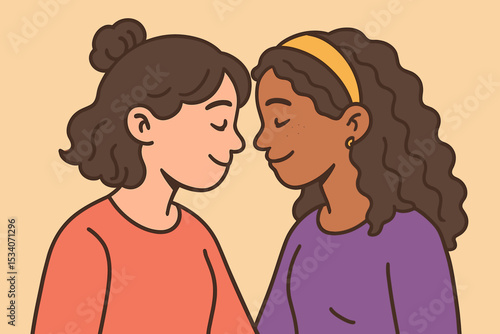 Multicultural friendship and sisterhood concept. Two diverse women showing unity, support, and love. Female empowerment and connection. Tender cartoon vector illustration of friends.
