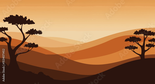 Desert landscape at sunset with rolling sand dunes and silhouetted trees