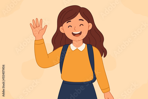 Happy student girl with backpack waving hand. Back to school concept. Cheerful pupil smiling and greeting. Cute cartoon character illustration for education, learning, and welcome.
