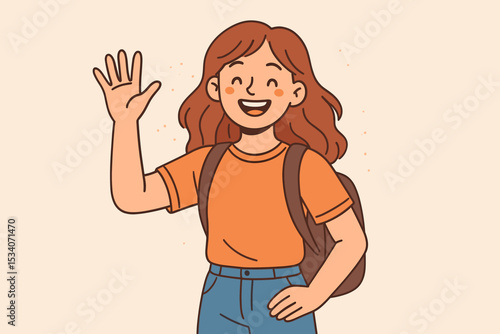 Happy young woman student with a backpack waving hand. Friendly girl says hello. Cheerful teenager greeting. Back to school or college concept. Cartoon vector character illustration.