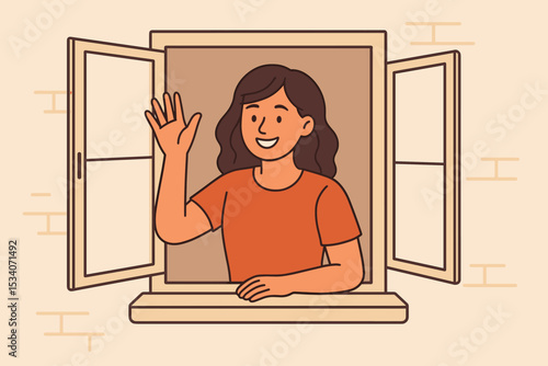 Happy smiling woman waving her hand from an open window. Friendly neighbor character greeting someone. Welcome, hello, good morning concept. Vector flat cartoon illustration.