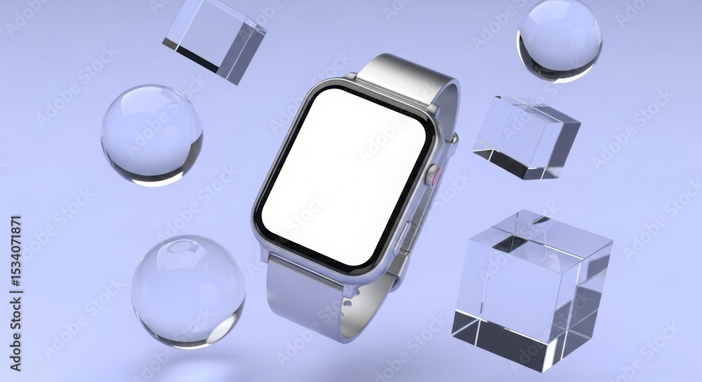 Modern Smartwatch Mockup on Light Blue Background with Floating Transparent Spheres and Cubes, Perfect for App UI Design and Technology Presentation, showcasing Digital Lifestyle Modern Smartwatch Mockup on Light Blue Background with Floating Transparent Spheres and Cubes, Perfect for App UI Design and Technology Presentation, showcasing Digital Lifestyle