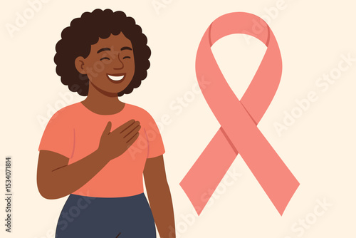 Breast Cancer Awareness Month concept. Smiling Black woman shows gratitude with pink ribbon symbol of hope. Health care campaign for female support, charity, and survival.