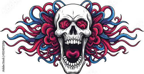White skull with open mouth and sharp teeth against vivid pink and blue wavy patterns