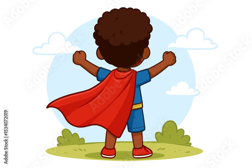 Brave Black superhero boy with red cape from behind, powerful hero pose. Concept of childhood imagination, courage, strength, leadership, diversity, and future potential. Vector.
