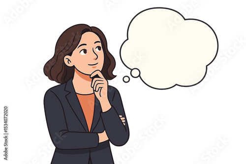 Pensive businesswoman thinking with a blank thought bubble. Creative female professional looking for inspiration or planning a new business idea. Vector illustration with copy space.