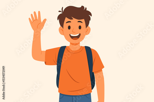 Happy school boy waving hand and smiling. Cheerful student with backpack greeting. Back to school concept illustration. Friendly kid character saying hello. Cartoon vector design.