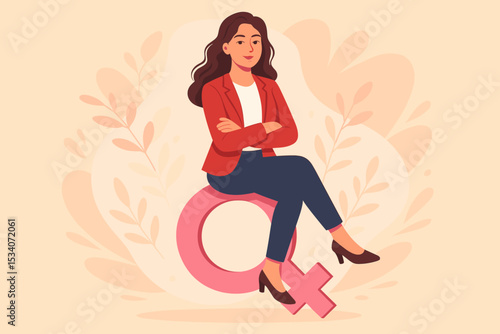 Empowered business woman sitting on a female gender symbol. Confident professional female leader concept. Feminism, gender equality, women's rights vector illustration.