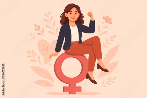 Empowered woman sitting on a female gender symbol. Concept of feminism, girl power, and women's rights. Strong successful businesswoman leader illustration for International Women's Day.