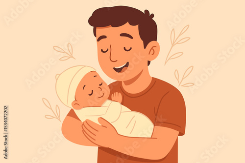Loving father holding his newborn baby. Happy dad embracing sleeping infant son with care and tenderness. Happy Father's Day concept for family, fatherhood, and parenthood bond.