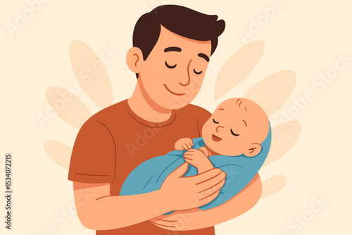 Happy father holding a newborn baby in his arms. Young dad embracing his infant son with love and care. Father's Day concept. Cute family moment, parenthood and fatherhood vector.