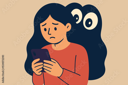 Phone privacy concerns concept. Anxious woman watched by a monster representing surveillance. Cyberbullying and social media fear. Mental health, data theft, and paranoia metaphor.