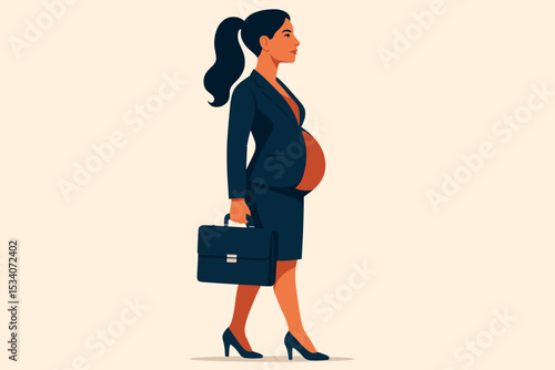 Confident Pregnant Businesswoman Walking with Briefcase, Professional Career Woman Leadership Concept, Working Mother Empowerment, Maternity at Work Illustration