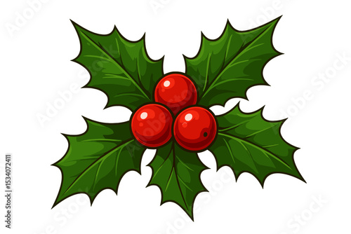 Christmas holly berry icon with green leaves. Festive winter holiday decoration element. Cartoon vector illustration isolated on white. Symbol of New Year seasonal celebration.