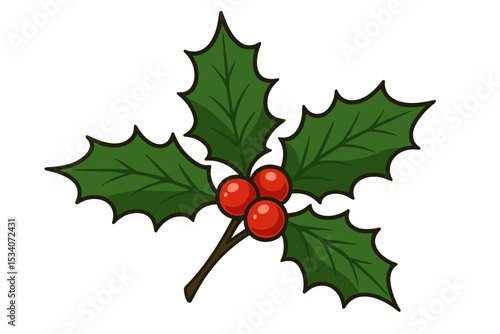 Christmas holly berry illustration. Winter holiday decoration element. Festive plant branch with red berries and green leaves isolated on white background. Vector cartoon icon.