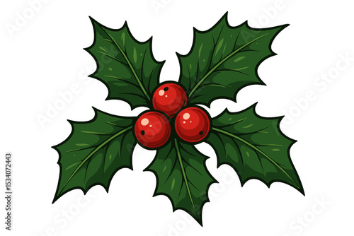 Holly berry vector illustration. Christmas decoration icon with red berries and green leaves. Winter holiday symbol isolated on white background. Festive Xmas plant clip art graphic.