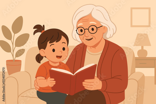 Grandmother reading a storybook to her granddaughter on a cozy sofa. Senior woman and little girl bonding. Concept of family love, care, education, childhood and intergenerational relationship.