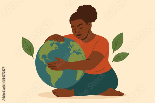 Black woman lovingly hugging planet Earth. Concept for Earth Day, environmental protection, and sustainability. Love and care for nature, save the world, conservation and ecology.